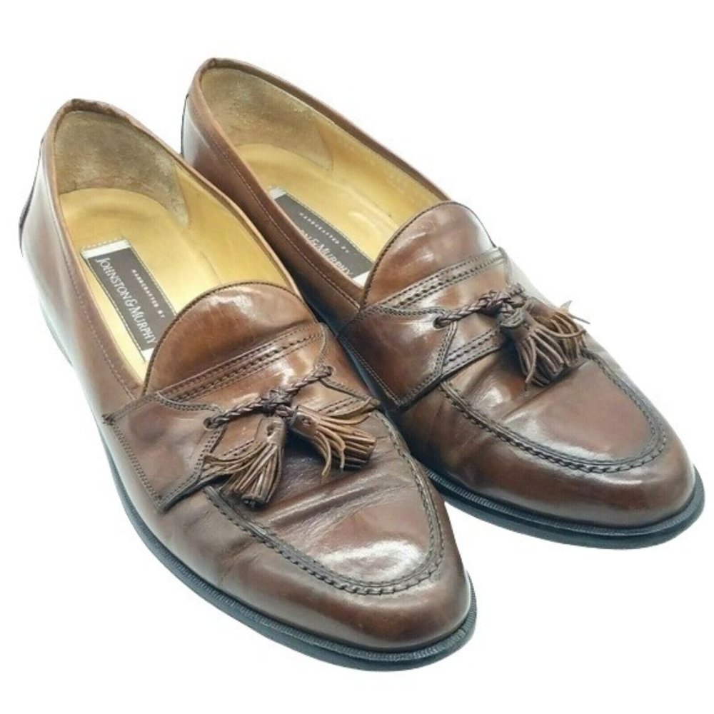 JOHNSTON & MURPHY Narrow Tassel Loafer Dress Shoe Brown Leather Mens size 11.5N